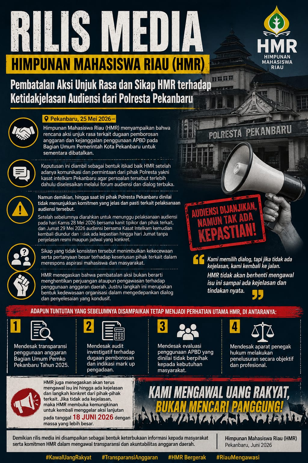 HMR Batalkan Aksi, Soroti Ketidakjelasan Audiensi Dugaan Penggunaan Anggaran Pemko Pekanbaru
