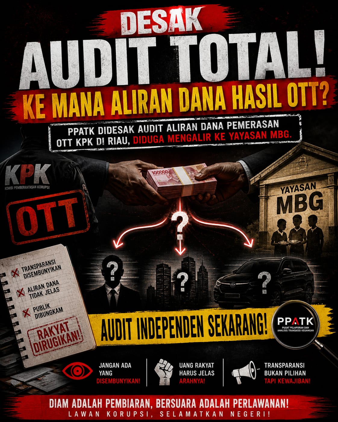 PPATK DIDESAK AUDIT ALIRAN DANA PEMERASAN OTT KPK DI RIAU, DIDUGA MENGALIR KE YAYASAN MBG.